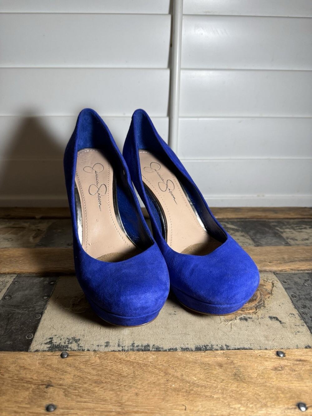 Jessica Simpson Blue Suede Leather Stiletto Pumps Slip On Round Toe 8.5
